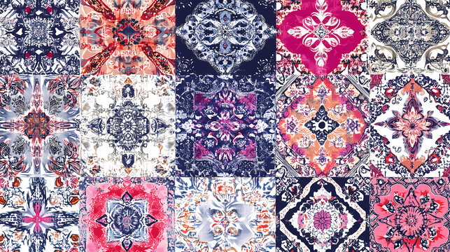 Intricate patchwork quilt pattern vibrant mix of indian arabic and turkish motifs handdrawn vector style rich cultural fusion kaleidoscopic colors. Kaleidoscopic Patterns. Illustration