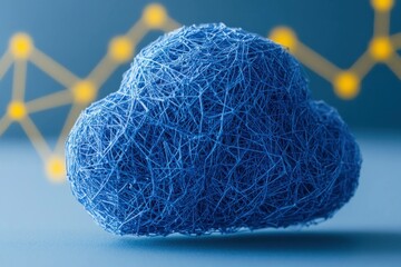 Blue abstract cloud made of thread representing digital technology and cloud computing, showcasing a modern concept of connectivity and innovation