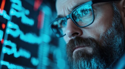 Senior analyst focuses intently on financial charts, analyzing data and trends on multiple screens in a modern office environment