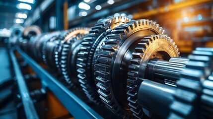 Industrial gears, factory production line, machinery, precision engineering, manufacturing process, background blurred.