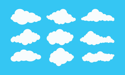 Flat cloud. Simple cloudy shapes. Cartoon white puffy, fluffy and cumulus clouds in blue sky. Abstract comic weather elements. Objects cloudscape for game. Vector collection.