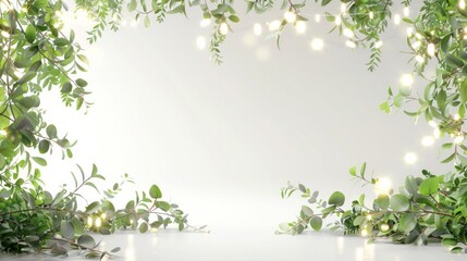 Green leaves and fairy lights frame a white background. AI generative. .