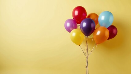 floating colorful balloons on plain yellow background with space for text