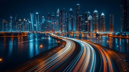 Fototapeta premium A highway curves through a modern city skyline with light trails, reflected in the water. AI generative. .