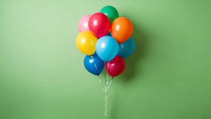 floating colorful balloons on plain green background with space for text