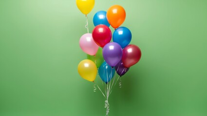 floating colorful balloons on plain green background with space for text