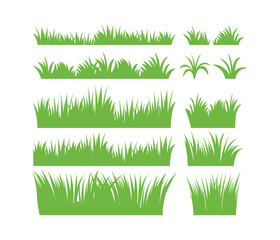Obraz premium Set of green grass designs isolated on white background. flat vector illustration. Grass. Collection of grass vector illustrations in flat style. green leaf. 