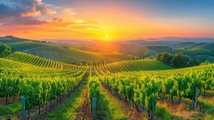 Naklejka premium Vineyard at sunset with rolling hills and bright golden light. AI generative. .