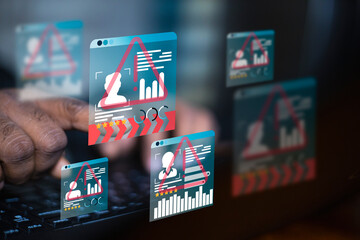 Developer man hand using laptop with triangle caution malware warning icon hologram. Scam virus spyware malware antivirus concept, cybersecurity, cyber crime, hack password