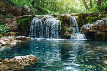 Waterfall cascading over mossy rocks into a clear pool. AI generative. .