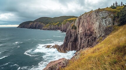 Fototapeta premium Dramatic coastal cliffs meet the sea under a cloudy sky with vegetation