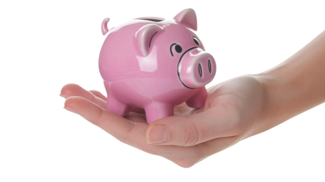 Woman holding piggy bank on transparent background