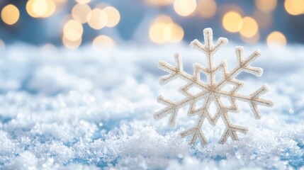 Detailed snowflake patterns rest on a soft blue background, capturing the essence of winter with glittering bokeh lights in the backdrop