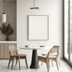 Minimalist dining room with a round marble table, wooden chairs, and an empty poster frame mock-up, stylish modern home interior