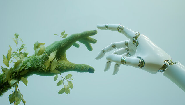 Futuristic concept of nature and technology with a robotic hand reaching for a green organic hand covered in leaves, AI and environment connection