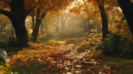 Obraz premium A serene forest path during autumn with golden leaves and soft sunlight creates a peaceful scene