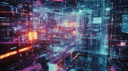 Complex algorithms and data streams creating an intricate, futuristic cityscape, highlighting the power of innovative production in the vibrant digital realm