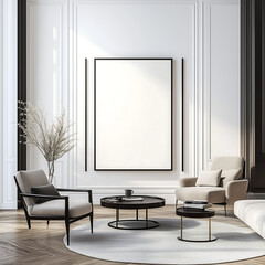 Luxury modern living room with beige armchairs, a round coffee table, and a large empty poster frame mock-up for elegant interior design