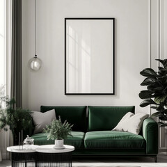 Luxury living room with a green velvet sofa and a large empty poster frame mock-up on a white wall, modern interior design