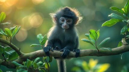 Fototapeta premium A cute monkey sits on a branch with green leaves and blurry background. AI generative. .