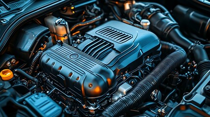 Fototapeta premium Powerful car engine close-up, detailed components, automotive technology, industrial background.
