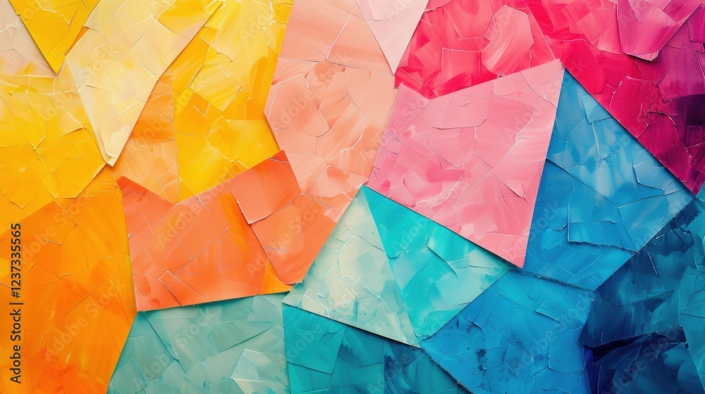 Poster vibrant geometric shapes fill the canvas with a mix of warm and cool colors creating a visually stri