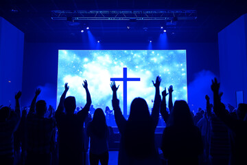Worship concert with silhouettes of people raising hands in praise, large illuminated cross on screen, and blue stage lighting