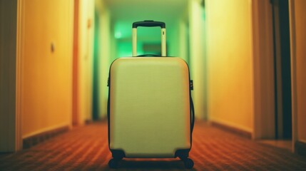 Brightly lit hotel corridor features a stylish suitcase resting on the floor, ready for a traveler to enjoy a luxurious experience