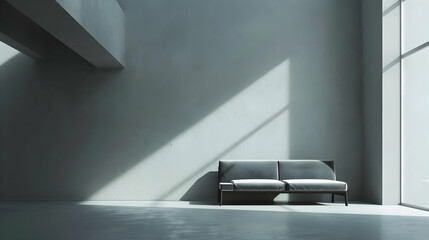 Fototapeta premium A minimalist interior featuring a sofa illuminated by natural light through large windows.