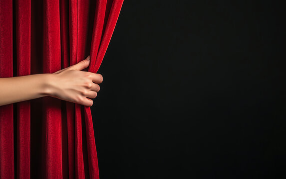 Hand pulling back a red velvet curtain to reveal a dark background, concept of mystery, theater, and dramatic unveiling