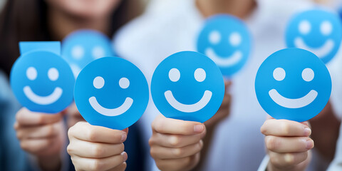 Group of people holding blue smiling face icons, concept of positivity, customer satisfaction, and happiness in business and social interaction