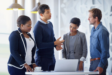 Business people, diversity or laptop in meeting for discussion, planning budget or research....