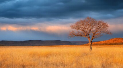 Fototapeta premium Vibrant sunset fills the horizon with warm light, illuminating the golden grassland and highlighting a lone tree in the distance
