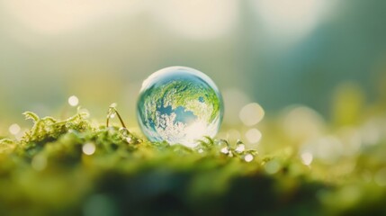 Dewdrops glisten on soft moss, reflecting a miniature Earth globe under gentle sunlight, capturing nature's details and serenity