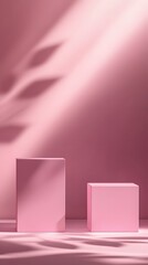 Two Pink Cubes on Pink Background with Leaf Shadows