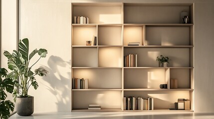 Minimalist interior featuring a wooden bookshelf with books and decorative items along with a potted plant