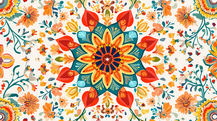 Vibrant kaleidoscopic floral design with bright colors and intricate patterns radiating from the center. Kaleidoscopic Patterns. Illustration