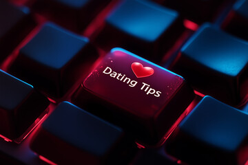 Glowing keyboard with an illuminated "Dating Tips" key and a heart icon, symbolizing online relationships, dating advice, and digital love