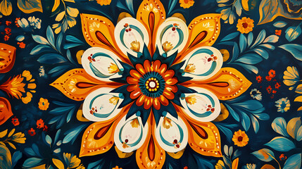 Vibrant kaleidoscopic floral design with bright colors and intricate patterns radiating from the center. Kaleidoscopic Patterns. Illustration