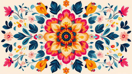 Vibrant kaleidoscopic floral design with bright colors and intricate patterns radiating from the center. Kaleidoscopic Patterns. Illustration