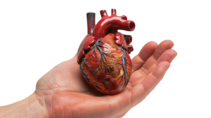 Doctor is holding a model of human heart on transparent background