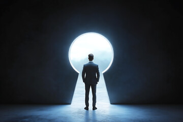 Businessman standing in front of a large glowing keyhole, symbolizing opportunity, success, and the search for new possibilities