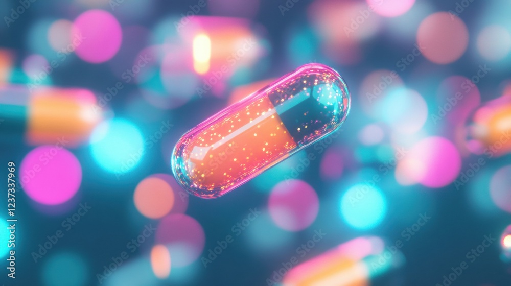 Poster colorful capsules float in a mesmerizing display, illuminated by soft bokeh lights that add depth an