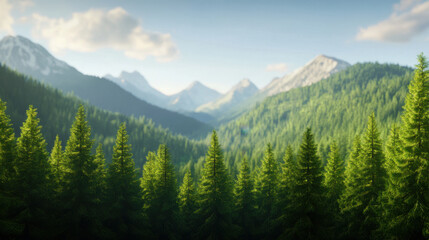 Fototapeta premium Lush green trees and majestic mountains create serene landscape, showcasing nature beauty and tranquility. vibrant foliage contrasts with distant peaks, inviting exploration