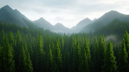 Fototapeta premium Lush green trees and majestic mountains create serene landscape, evoking sense of tranquility and connection with nature. mist adds mystical touch to scene
