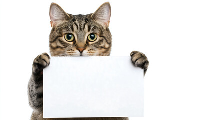Cute tabby cat holding a blank white sign with paws, humorous pet concept for customizable messages and advertising