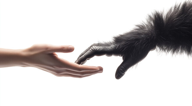 Human and gorilla hands reaching towards each other, symbolic connection between nature, wildlife, and humanity on a white background