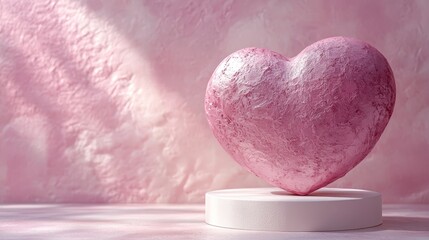 Fototapeta premium A romantic pink-themed backdrop featuring textured heart decorations and a white display podium. Ideal for Valentine's Day promotions, wedding invitations