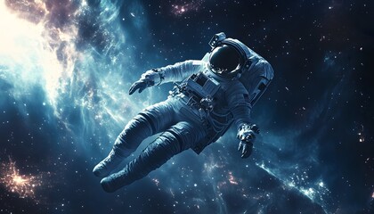 Fototapeta premium Astronaut Floating in Space Amidst Nebulae and Stars