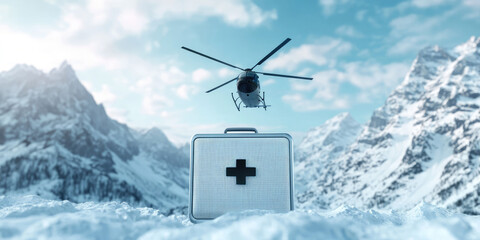 Fototapeta premium Medical cooler box for organ transport on the background of a medical helicopter. Emergency transportation and logistics of organs for transplantation